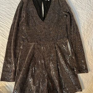 Sequin V-Neck Long Sleeve Mini Romper – Mocha Brown – Size M – Holiday Party